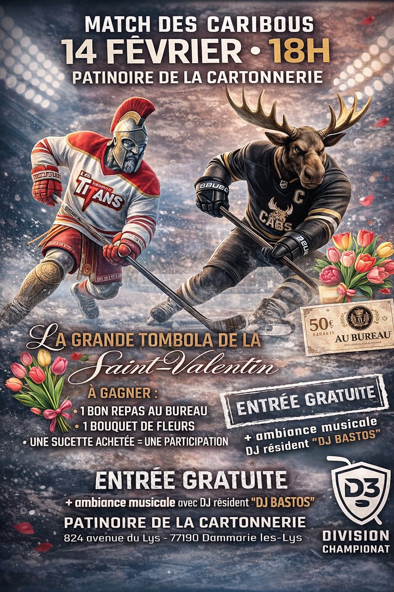 Ce soir ! 
❤️ Tombola St-Valentin : 1€ la sucette cœur = une chance de gagner !
🎁 2 lots (2 gagnants) : 🍽️ bon repas 50€ chez Au Bureau (Dammarie-lès-Lys) &amp; 💐 bouquet de fleurs.
Tirage 14/02 • Vente #saintvalentin2026