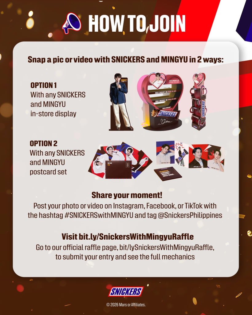 Get a chance to win tickets to the see MINGYU live in Manila this April 11 at the Araneta Coliseum!
​
600 Lucky raffle winners of 2 Tickets to the #SNICKERSwithMINGYU event in Manila will be announced weekly. 

For more information: linktr.ee/SnickersPhilip…
​
#SNICKERS #MINGYU