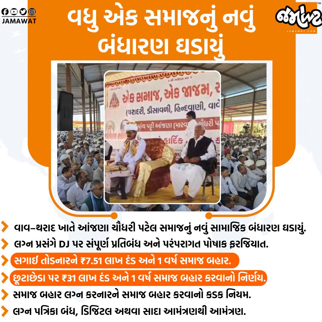 Jamawat3's tweet image. વાવ–થરાદ ખાતે મારવાડી ચૌધરી સમાજનું સામાજિક બંધારણ ઘડાયું | Jamawat

#Tharad #Vav #CommunityRules #MarriageGuidelines #TraditionalValues #CulturalDiscipline #AnjanaChaudhary #PatelCommunity #Jamawat #Jamawatupdate