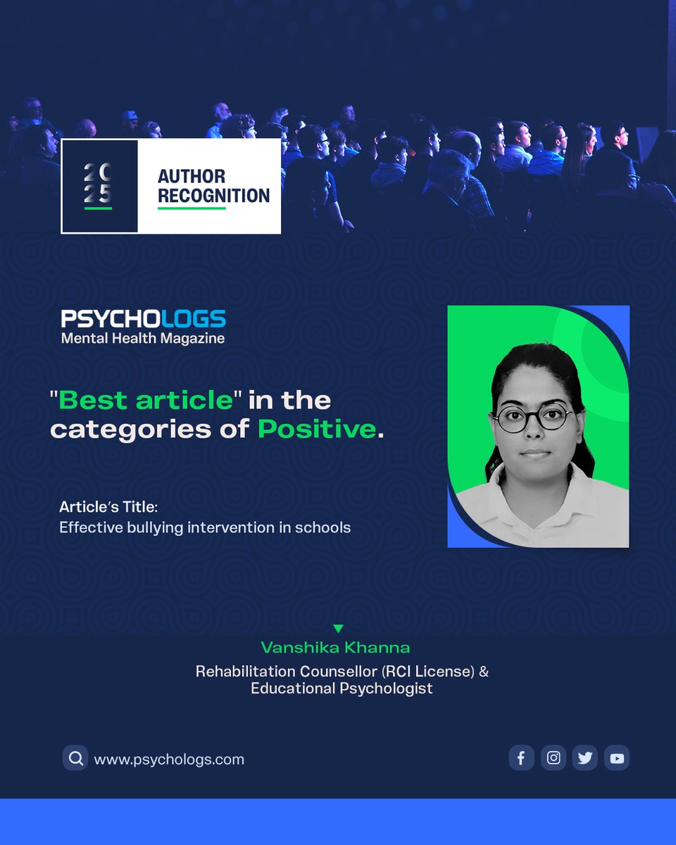 PsychologsIndia's tweet image. Congratulations to Vanshika Khanna ✨
Psychologs Magazine proudly congratulates her on her article “Effective Bullying Interventions in Schools” being selected as the Best Article in the Positive category for 2025.

#PsychologsMagazine #BestArticle2025 #PositivePsychology #School