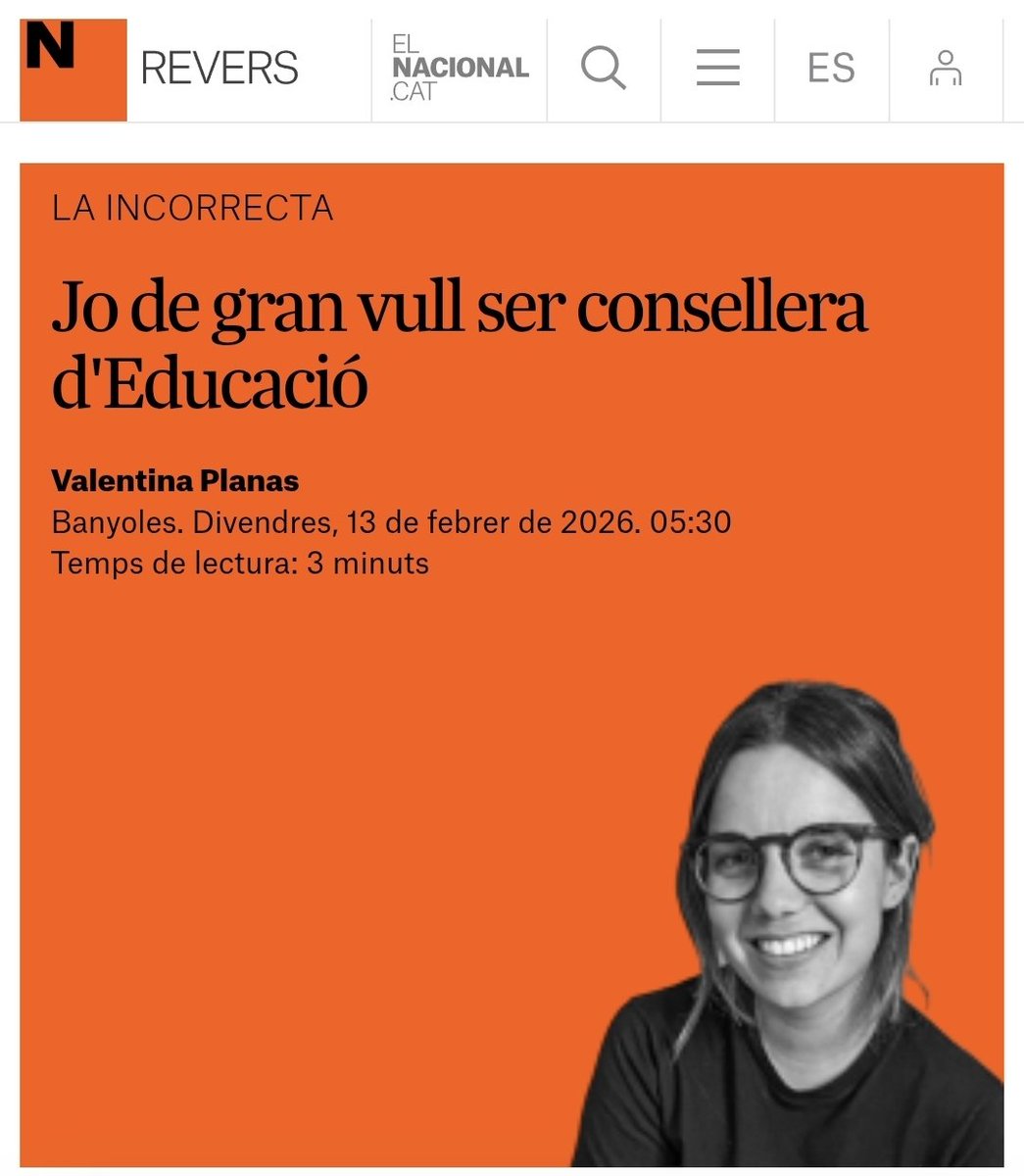 Si jo fos consellera, prohibiria una altra pràctica molt concreta: les frases buides i els eufemismes. Allò de “posarem l’alumne al centre de l’aprenentatge”, “impulsarem la innovació”, “treballarem per a l’excel·lència”. 
<a href="/educaciocat/">Educació</a> <a href="/eniubo/">Esther Niubó</a>
👏👏
👇