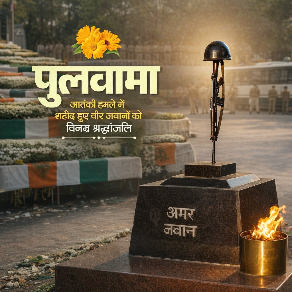 पुलवामा आतंकी हमले में शहीद हुए वीर जवानों को विनम्र श्रद्धांजलि।

राष्ट्र की रक्षा में अपने प्राणों का सर्वोच्च बलिदान देने वाले अमर जवानों को शत-शत नमन।

उनकी वीरता, त्याग और समर्पण सदैव हमें राष्ट्रसेवा के लिए प्रेरित करता रहेगा। भारत उनके साहस को कभी नहीं भूलेगा। 🇮🇳