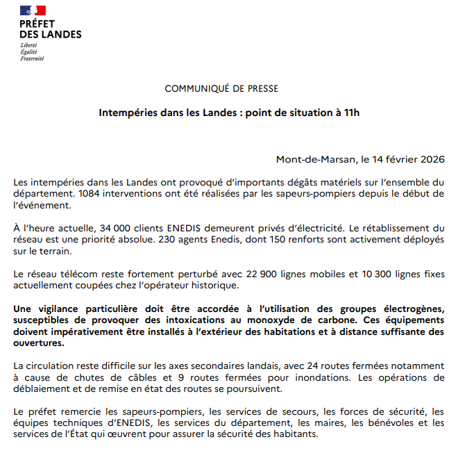 Image de Préfet des Landes - #Intempéries dans les Landes : point de situation le 14/02 à 11h

Les intempéries dans les Landes on