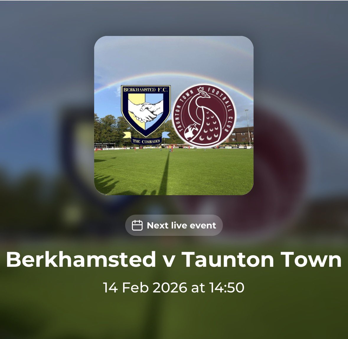 🎶It must be love ❤️🎶
💜Love that football is back
🎟️ <a href="/BerkoFC/">Berkhamsted FC</a> 🆚 <a href="/TauntonTownFC/">Taunton Town FC</a> 
🏆<a href="/SouthernLeague1/">The Pitching In Southern Football League</a> 
🏟️The Glencar Community Stadium
🕒15:00 kick off 
🎙️Live coverage with <a href="/williamledbury/">William Ledbury</a> &amp; <a href="/smithy0601/">Rich Smith</a> from 14:50 
📻peacocks-radio.mixlr.com
#UpThePeacocks🦚