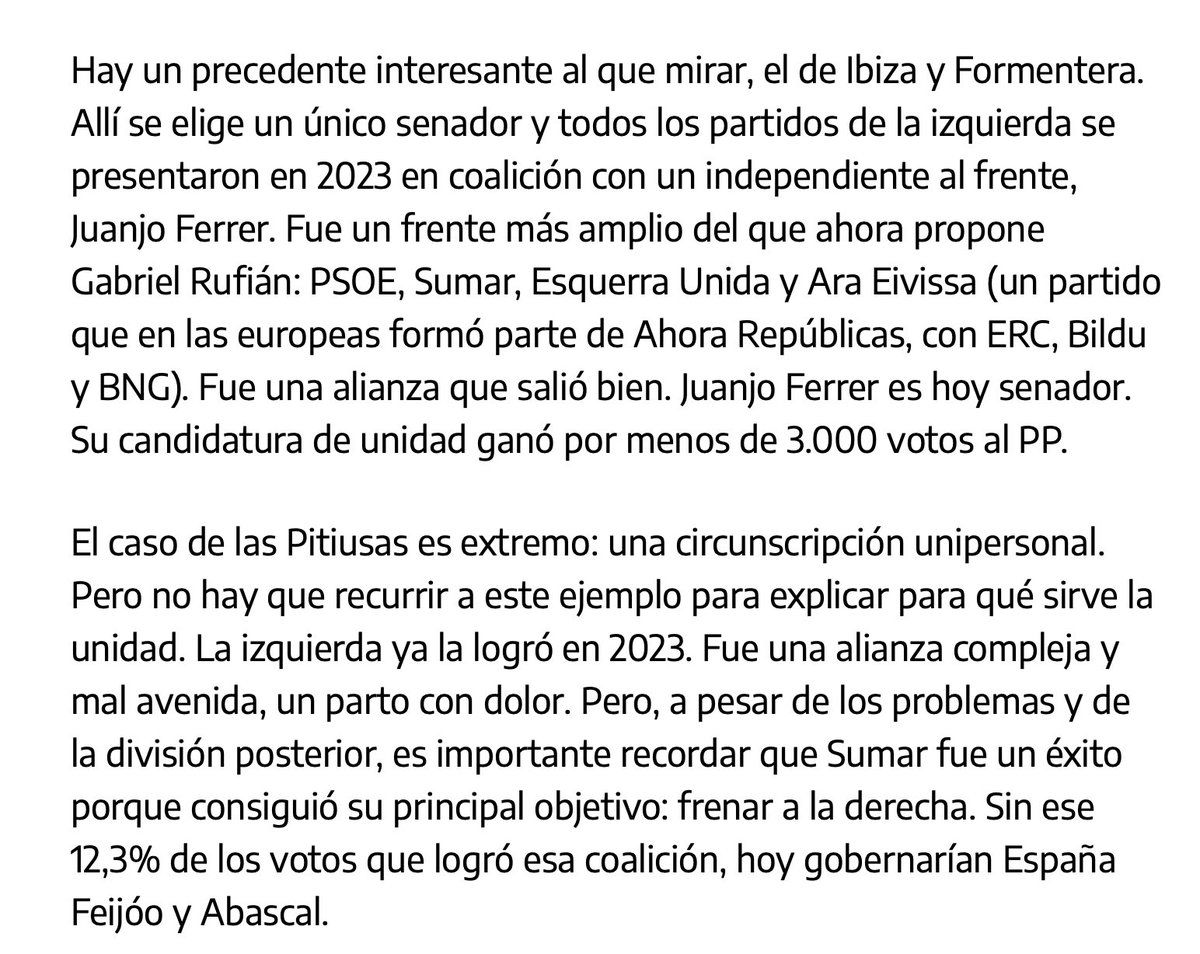 Avui dissabte Ignacio Escolar, director del diari eldiario.es publica una interessan reflexió respecte a la unitat de les forces progressistes i posa com a exemple el cas d' <a href="/EiFAlSenat/">Eivissa i Formentera al Senat</a> . eldiario.es/blog/el-boleti…