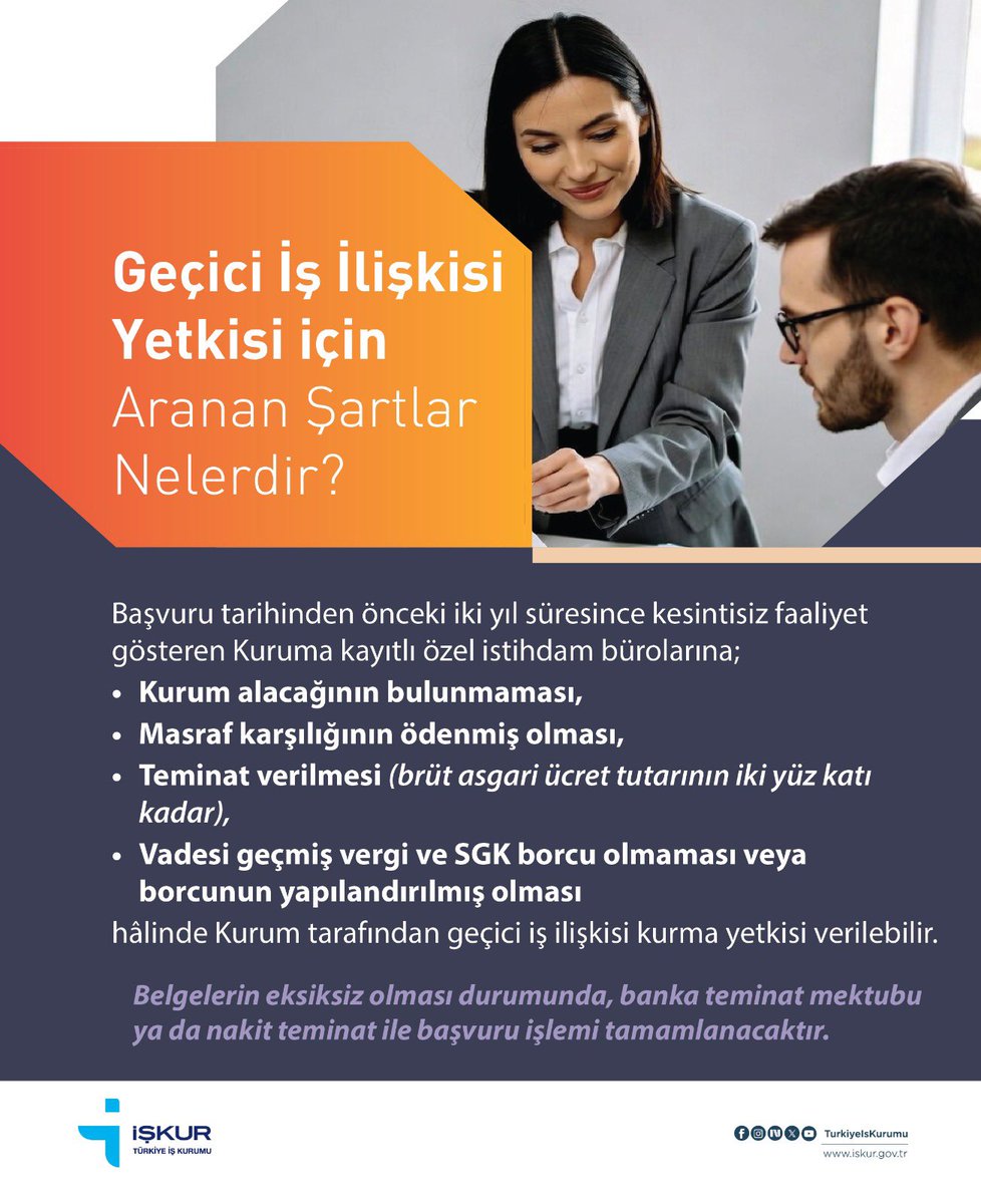 💼Geçici İş İlişkisi Yetkisi için Aranan Şartlar Nelerdir❓
 
#İstihdam
#KariyerPlanlama
#İŞKURdaİşVar