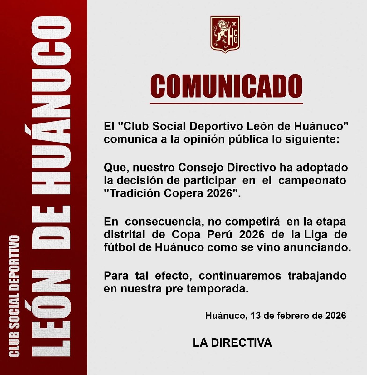 SegundaPeru's tweet image. #Dato León de Huánuco anuncia que no jugará la #CopaPeru y participará en el campeonato #TradicionCopera