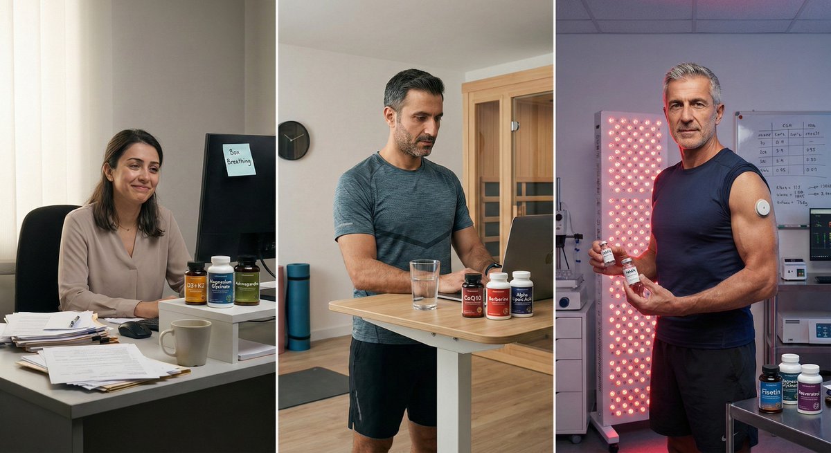 BAŞLANGIÇ – ORTA – İLERİ SEVİYE BIO-PROTOKOL

BAŞLANGIÇ SEVİYE: Temel eksikleri kapat, inflamasyonu azalt, uyku ve kan şekeri stabilizasyonu

○ D3 + K2 — Hormon &amp; bağışıklık
○ Omega-3 (EPA/DHA) — Anti-inflamatuar
○ Magnezyum glisinat — Sinir sistemi
○ Çinko — Hormon +