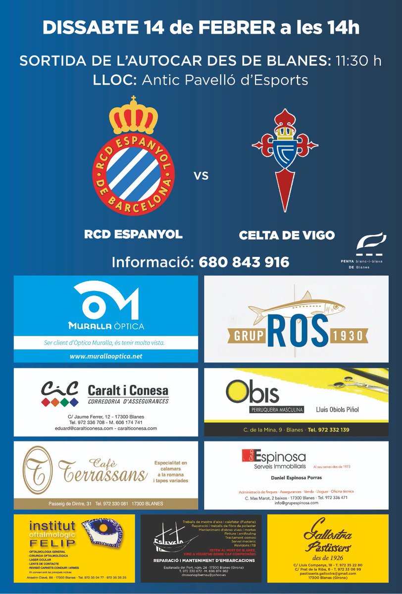 Sortim cap al Temple!!
Avui bus de 87 places sense seients lliures 💪
Ens acompanya un equip infantil del <a href="/calaguido/">AD Ca La Guidó</a> que gaudiran d’1 dia molt especial al <a href="/rcde_stadium/">RCDE Stadium</a>. Segur que molts repetiran i alguns acabaran fent-se socis com ja ens ha passat d’altres vegades.
<a href="/RCDEspanyol/">RCD Espanyol de Barcelona</a>