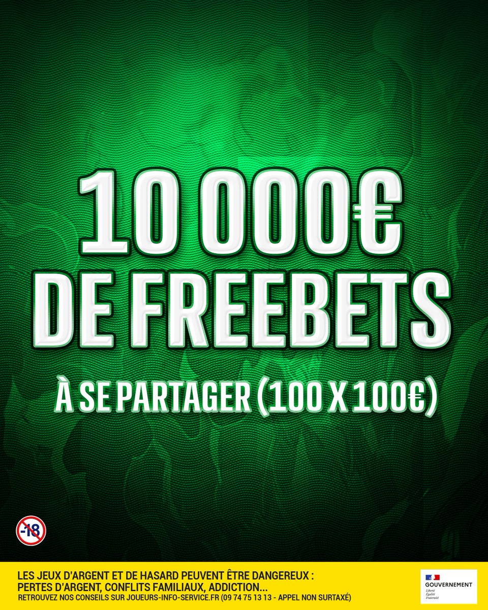 ParionsSport_EL's tweet image. Et pour fêter ça, on a décidé de vous offrir 10 000€ de Freebets (100x100€) 😱

Pour participer :
1️⃣ Follow @UnibetFrance 
2️⃣ Répond avec le nom du betteur par lequel tu souhaites être crédité (@UnibetFrance ou @ParionsSport_EL) + #CestQueDuLove

📆 Annonce des gagnants le…
