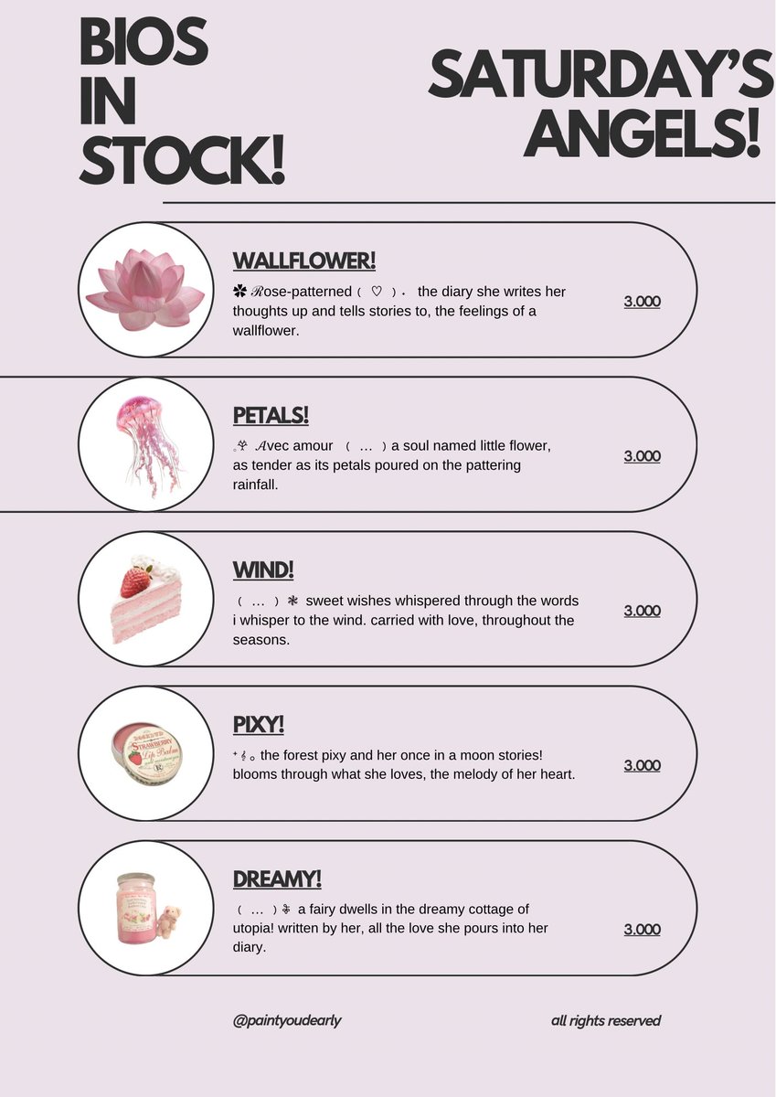 paintyoudearly's tweet image. 𓈒⠀⠀𓏸⠀⠀𓇼 a repost, please? thank you! 🍮🥄 

happy saturday, lovelies! aku punya bio wording baddies and angels series ready stock yang bisa diklaim sekarang juga. 🍧🎀 grab these beauties fast! &amp;lt;3 #zonauang