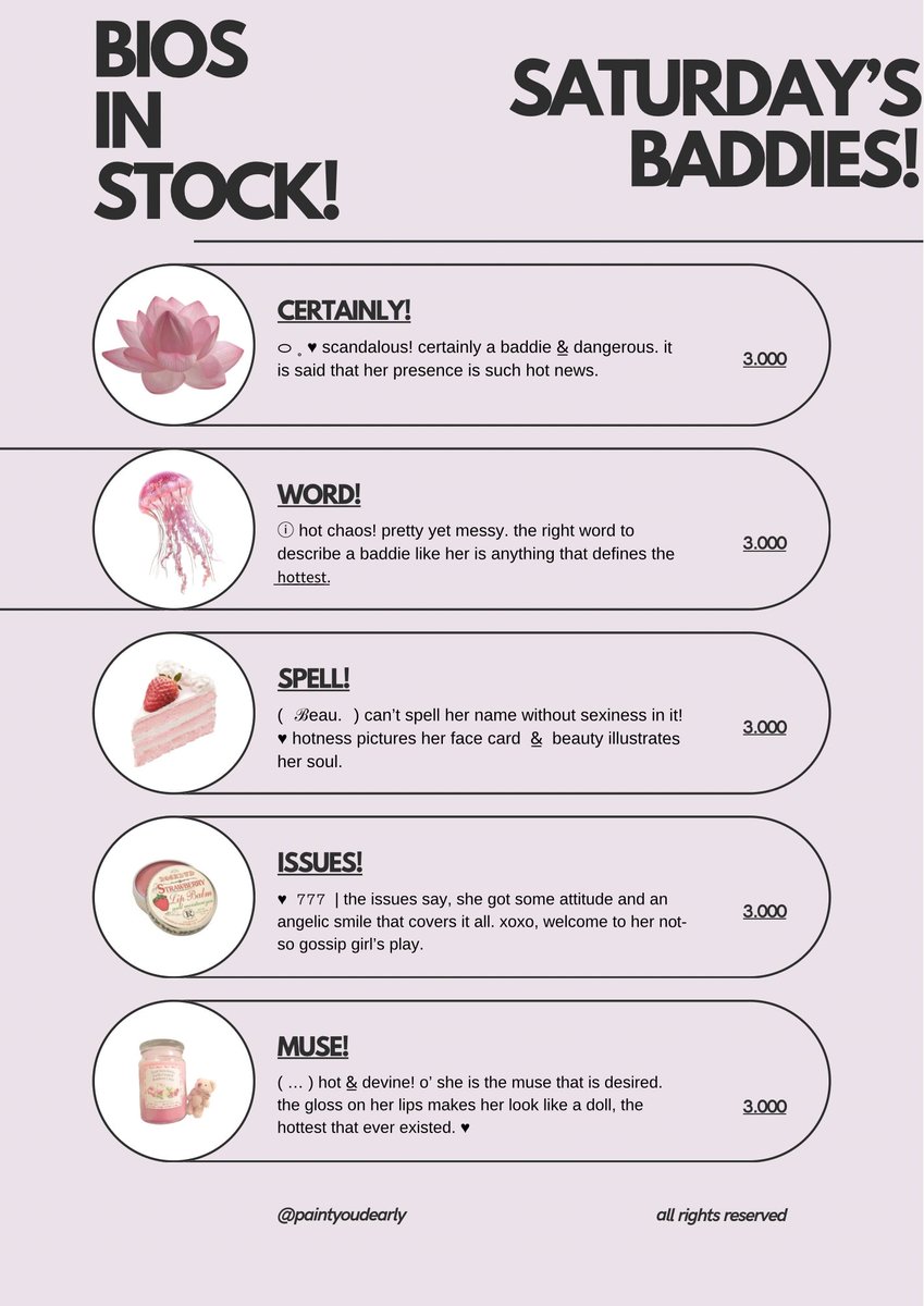 paintyoudearly's tweet image. 𓈒⠀⠀𓏸⠀⠀𓇼 a repost, please? thank you! 🍮🥄 

happy saturday, lovelies! aku punya bio wording baddies and angels series ready stock yang bisa diklaim sekarang juga. 🍧🎀 grab these beauties fast! &amp;lt;3 #zonauang