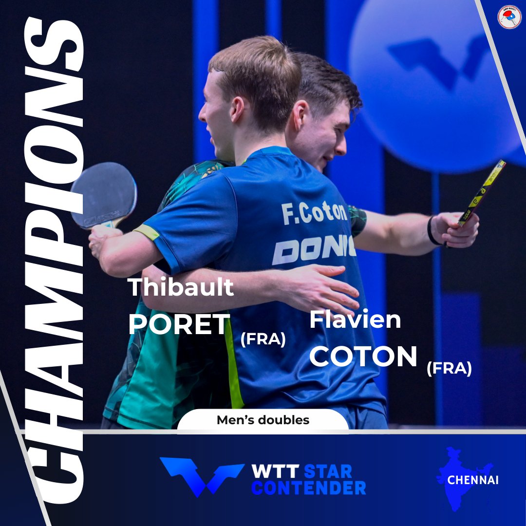 🏆🇫🇷THIBAULT PORET ET FLAVIEN COTON CHAMPIONS EN DOUBLE ! 

Un titre au WTT Star Contender de Chennai grâce au forfait de la paire coréenne en finale en raison d'une blessure d'Oh Junsung ! 🤕

Ils remportent ensemble leur premier titre WTT en double ! 🌟