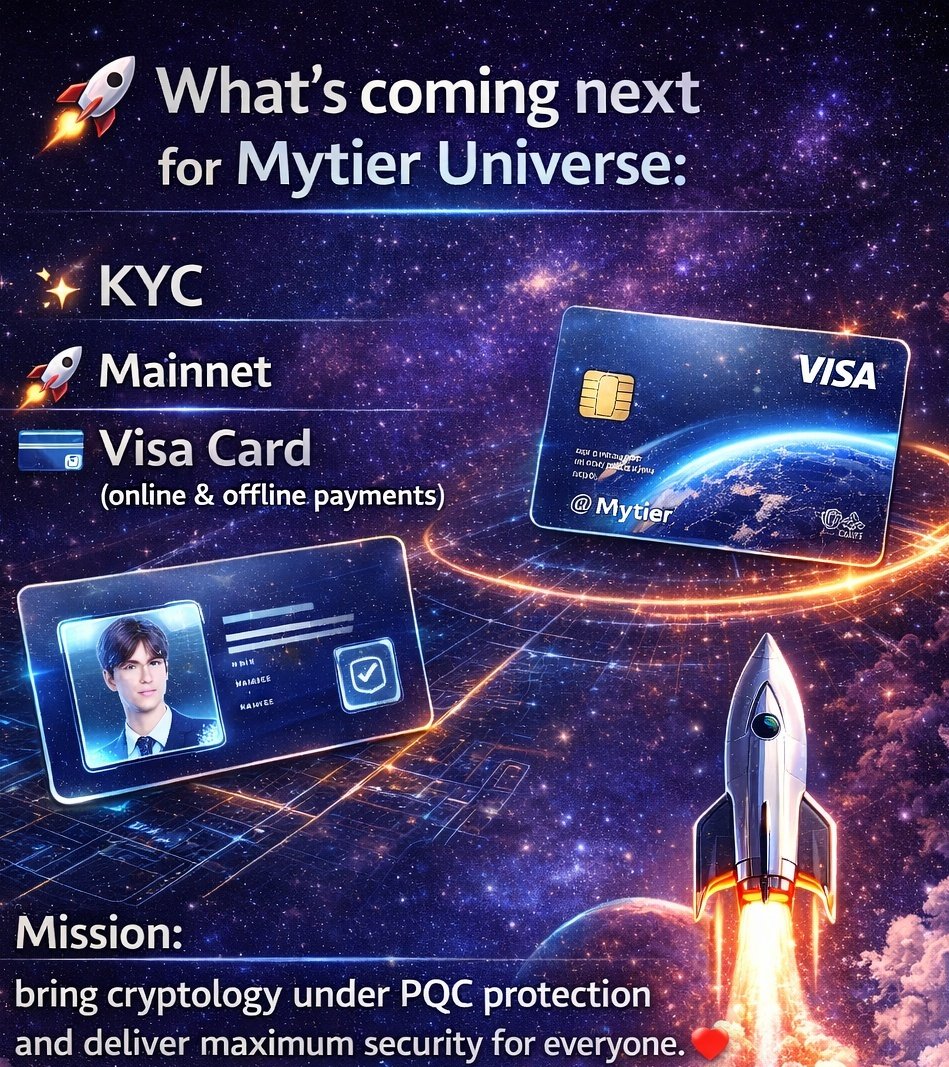 Tchan_Mytier's tweet image. 🚀 What’s coming next for Mytier Universe:
✨ KYC @Mytier_official @142C_
🚀 Mainnet
💳 Visa Card (online &amp;amp; offline payments)
Mission: bring cryptology under PQC protection and deliver maximum security for everyone. ❤️
#Mytier #MT #MTCoin #PQC #valentines