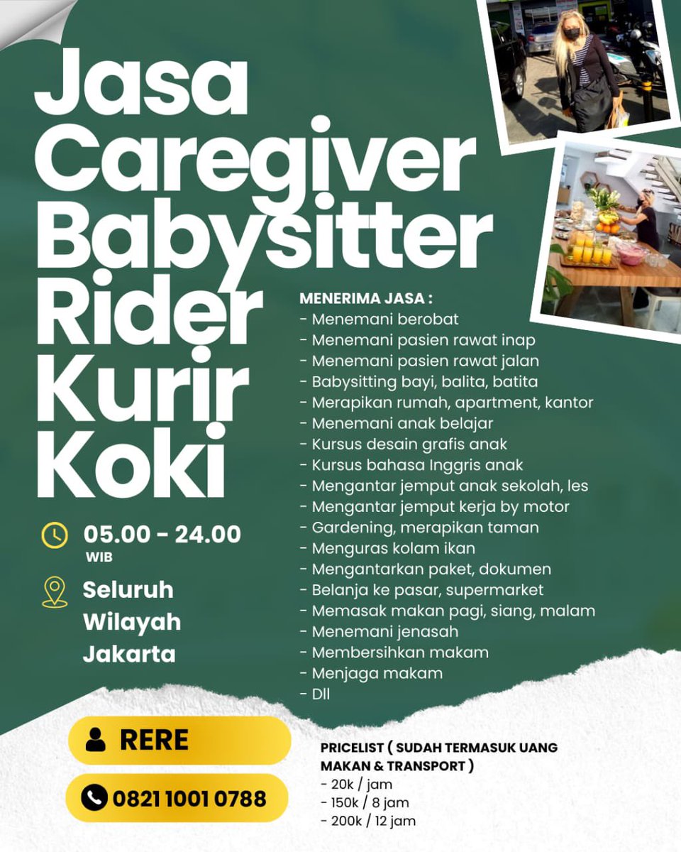 Teman-teman, bantu promosiin jasa teman baikku, Rere, yuk! Dia orangnya super jujur, ulet, dan pekerja keras banget. Aku saksi hidup gimana tangguhnya dia kerja apa saja demi keluarga.

Aku menyaksikan sendiri bagaimana dedikasinya; bahkan saat hamil besar anak ketiga, dia masih