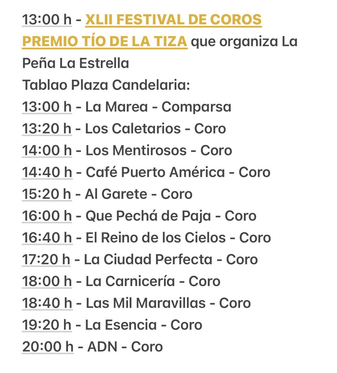 🗓️HOY SÁBADO 14 DE FEBRERO , PROGRAMACIÓN OFICIAL  #KarnavalTour ⤵️ A partir de las 13:00h , Festival de Coros organizado por la Peña La Estrella