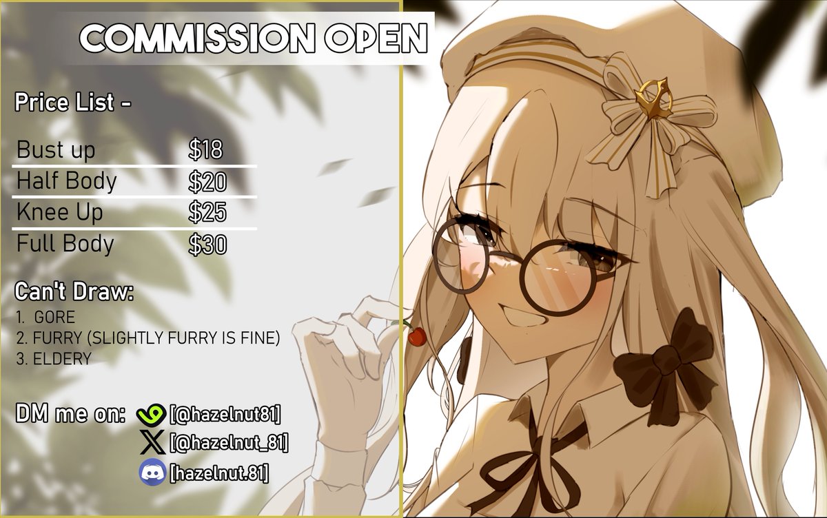 Hello, Commission slots are now open!

Feel free to contact me on VGen, Twitter, or Discord. You can visit my profile or the link below for more samples of my artwork.
Retweets are greatly appreciated! ^^

VGen: vgen.co/hazelnut81

#opencommission #Commission #commissionopen