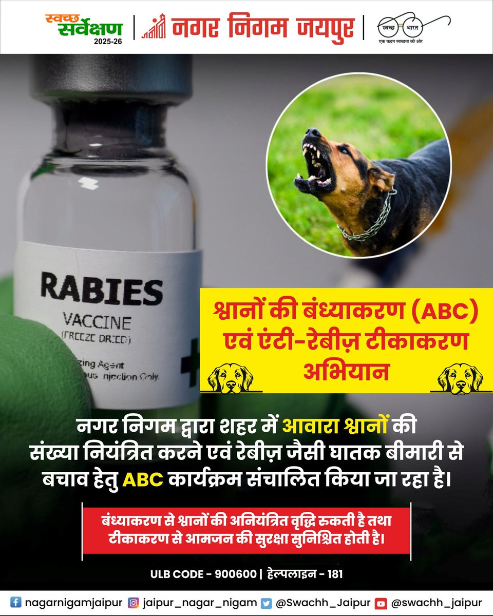 Swachh_Jaipur's tweet image. 🐾 श्वानों की बंध्याकरण (ABC) एवं एंटी-रेबीज़ टीकाकरण अभियान

#ABCProgram #AntiRabies #SafeJaipur #HealthyCity #NagarNigamJaipur

@SwachhBharatGov @RajCMO @SmdsbmU @LSG_Rajasthan @svoruganti1466 @DcDmJaipur