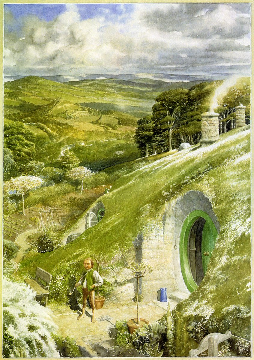 LRonLacy's tweet photo. For #FEBRUARY 2013
‘Mr. Bilbo Baggins’
#Illustration by Alan Lee (b. 1947) for #JRRTolkien, #TheHobbit, Ch. I: "An Unexpected Party," Watercolour. 1997.
Reproduced in the *Tolkien Calendar 2013* (HarperCollins) for February.
#illustrationart #illustrationartists #AlanLee #BagEnd https://t.co/OeMr7zHrZZ