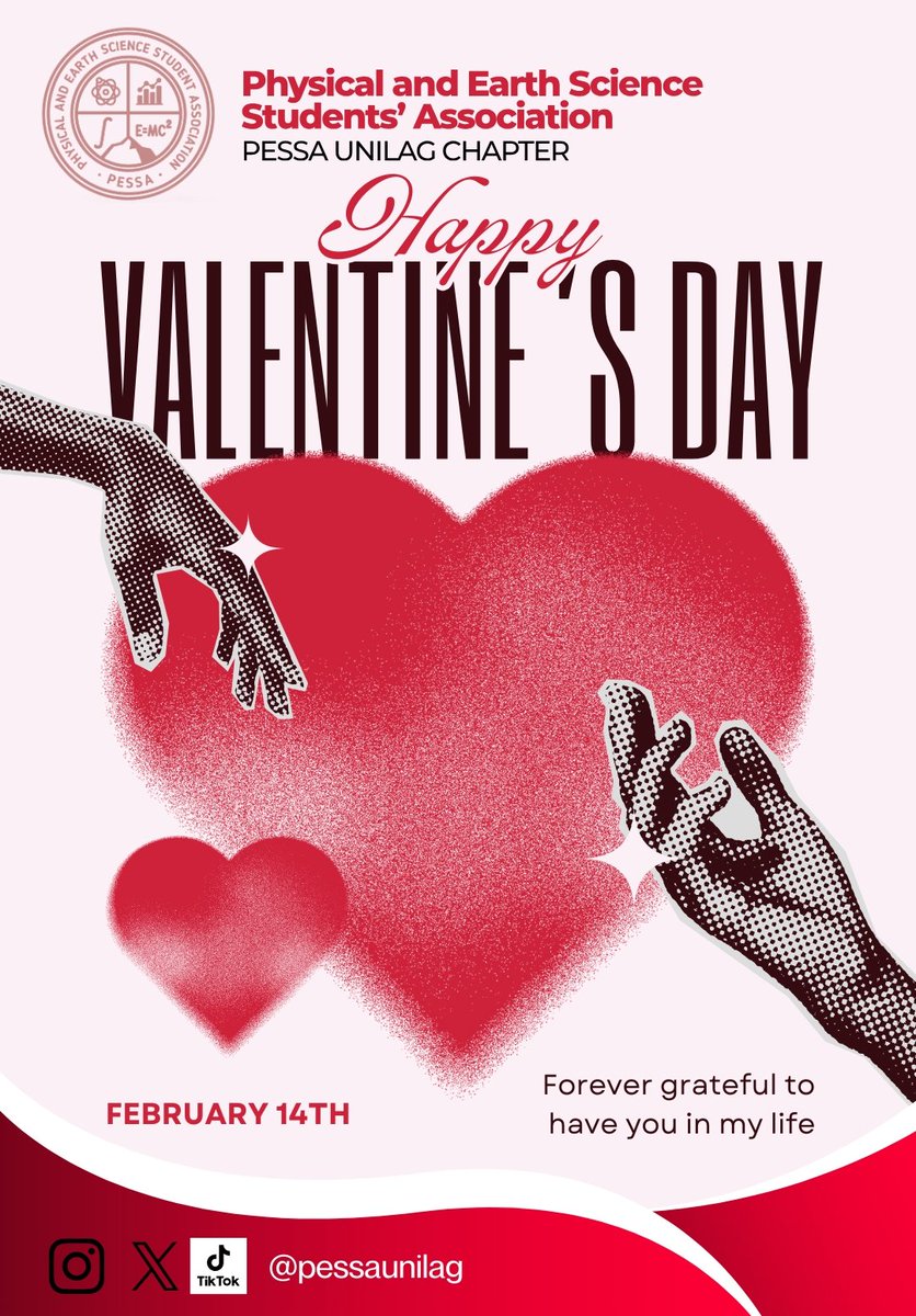 pessaunilag's tweet image. Our love for you is like a law of physics: constant and unbreakable. ⚛️❤️

Happy Valentine’s Day to all PESSAites! 💕 

Tag that one person who makes your university life a little less stressful. 👇
#PESSA #ValentinesDay #Unilag