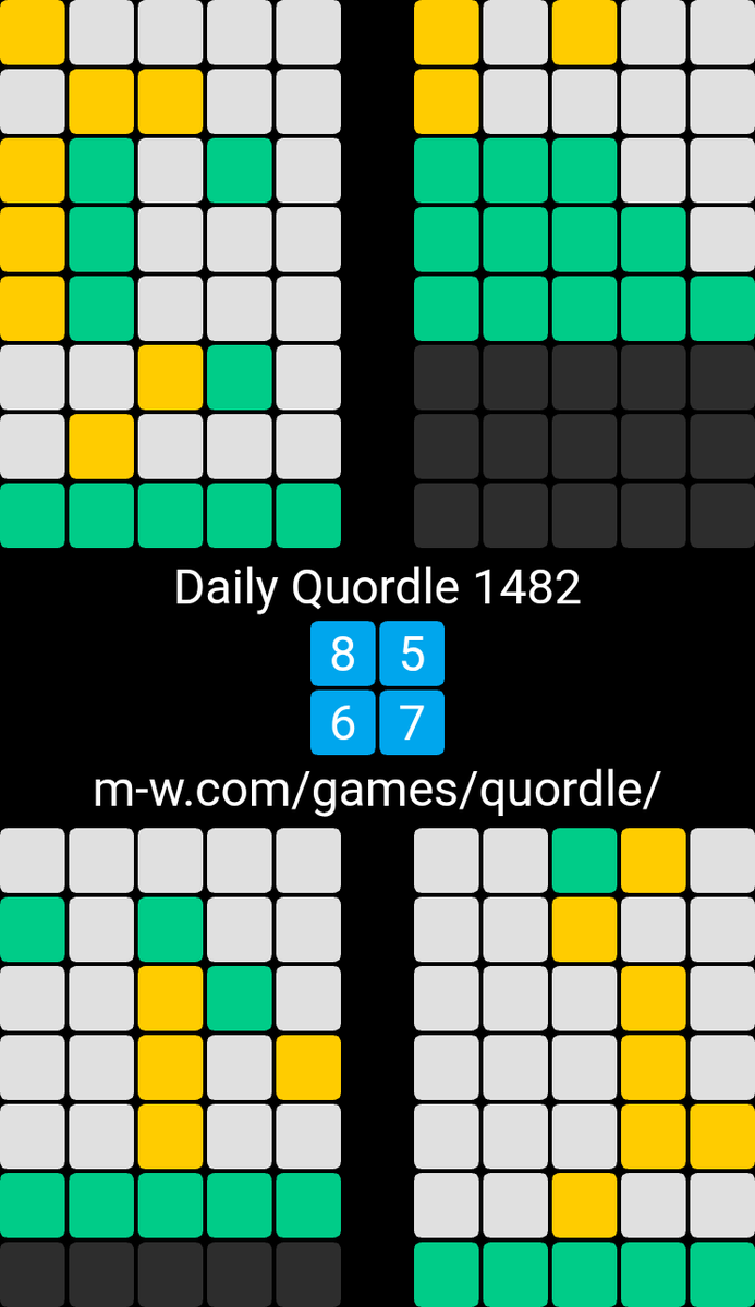🙂 Daily Quordle 1482
8️⃣5️⃣
6️⃣7️⃣
m-w.com/games/quordle/