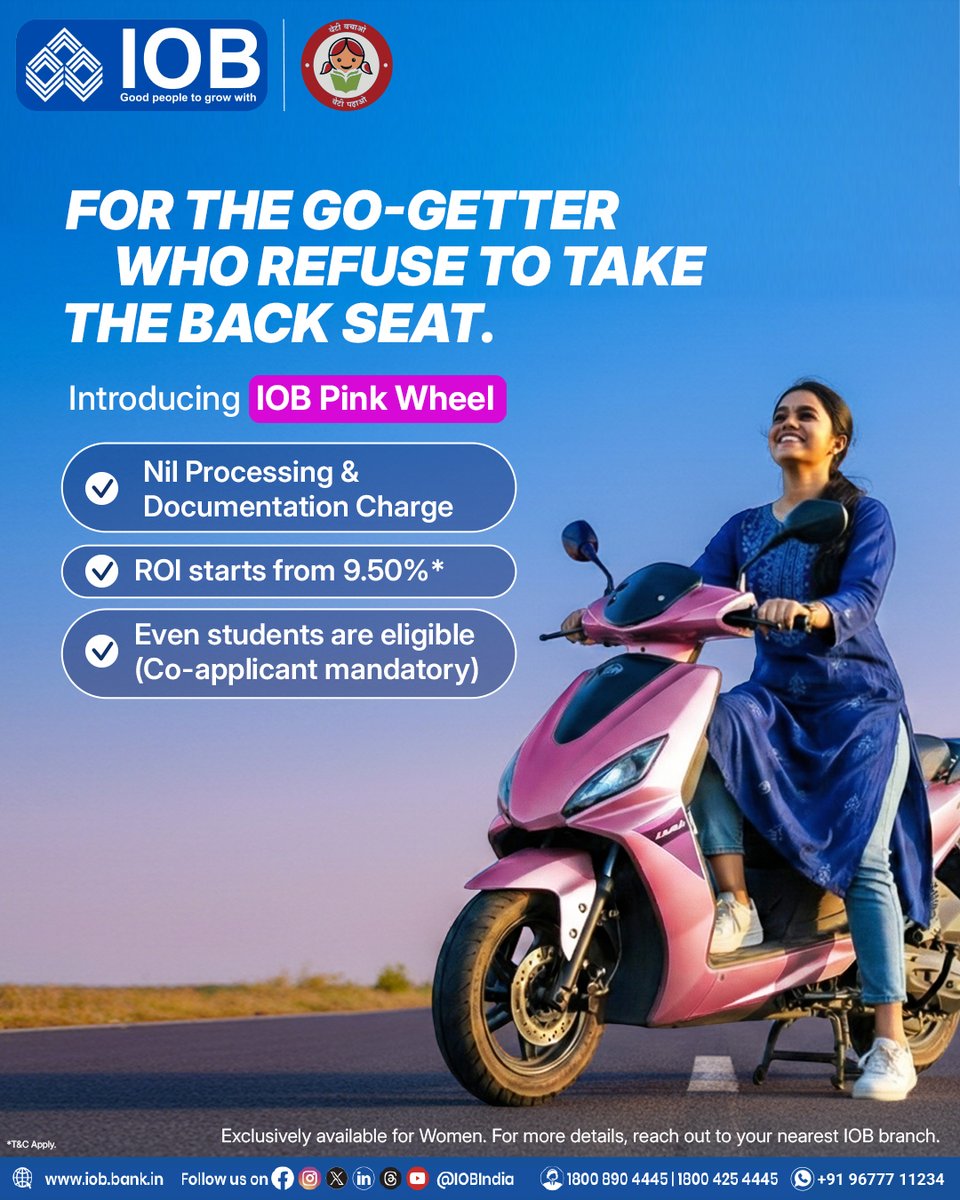 IOBIndia's tweet photo. Empowering women to lead from the front ๐
With initiatives like IOB Sakhi and IOB Pink Wheel, we support every woman who chooses independence, ambition, and progress.
Because growth has no back seat.๐
#IOBPinkWheel #IOBSakhi #EmpoweringWomen #WomenOnTheMove #IOBIndia #SheLeads #FinancialFreedom #IOB #IndianOverseasBank #DFS #RBI #IOBForYou