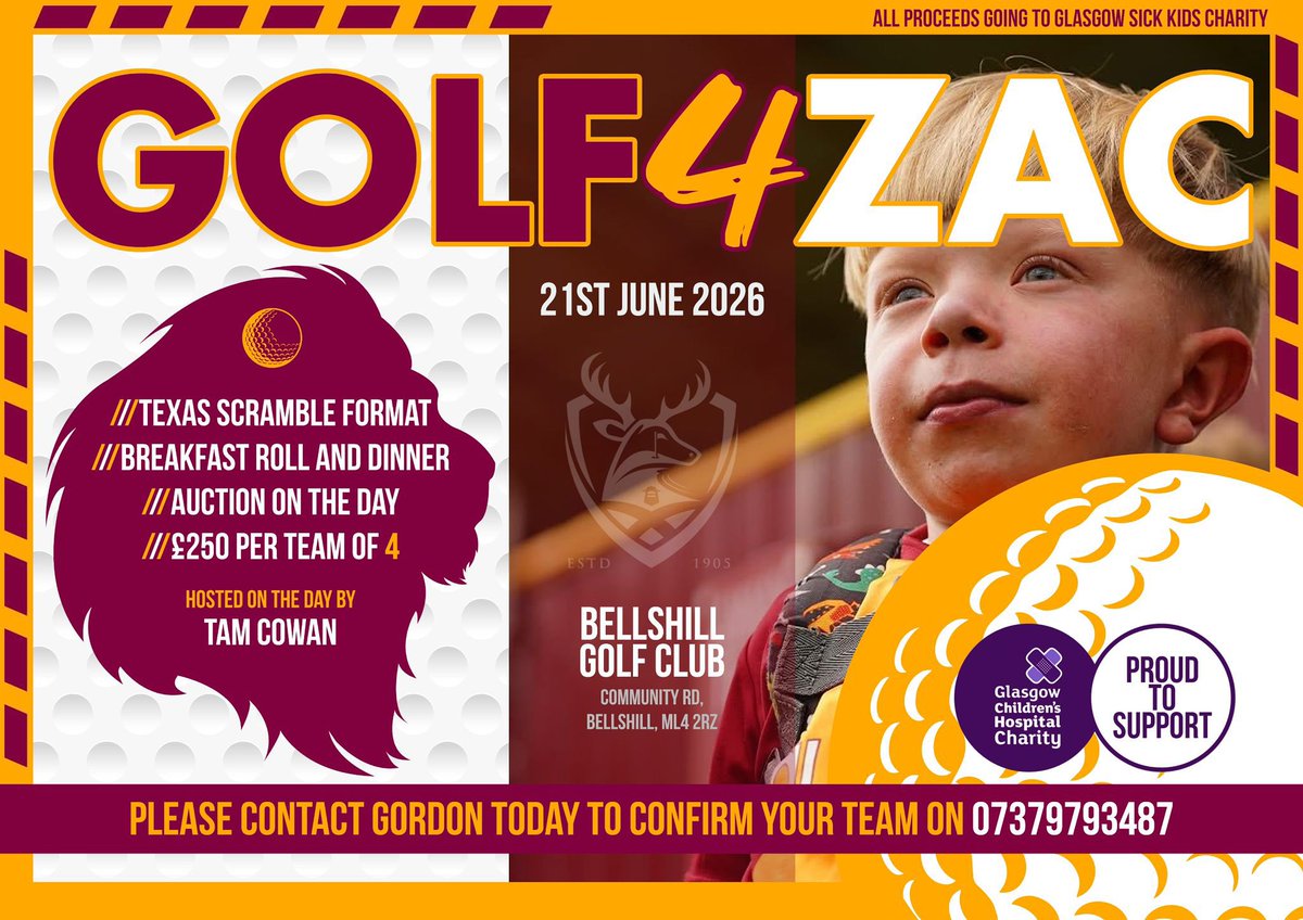 We are have a golf charity day for our beloved wee warrior Zac 🧡🦁 

Get in contact if you want to enter a team, 

Hosted by our very own Tam Cowan 🎤