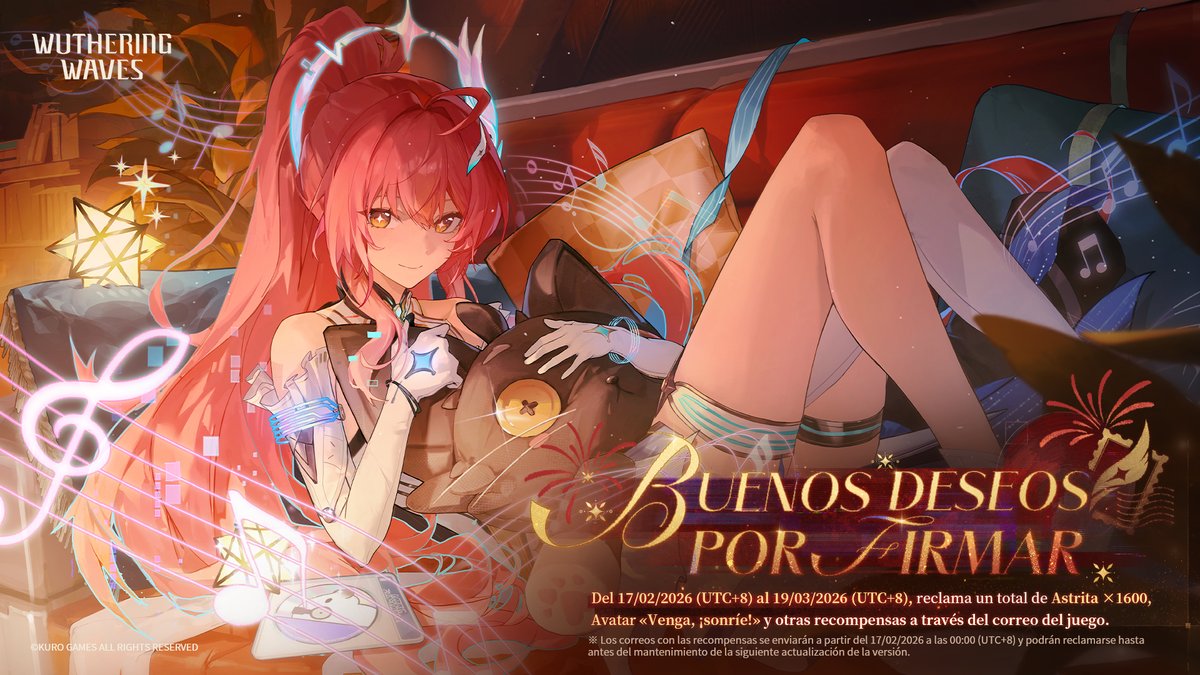 WW_ES_Official's tweet image. Buenos deseos por firmar

Durante el periodo especificado del evento, puedes recibir gratuitamente un total de Astrita x1600, el avatar «Venga, ¡sonríe!» y otras recompensas a través del correo del juego.

✦Duración del evento✦
17/02/2026 00:00 - 19/03/2026 03:59 (UTC +8)…