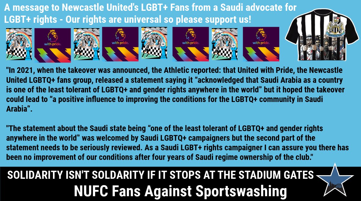 NoSaudiToon's tweet image. During #WithPride month Wajeeh is sending another powerful message: "To the fans of @NUFC &amp;amp; beyond: If you truly care about human rights, you cannot pick and choose when they apply. You cannot wave a Pride flag with one hand and high-five my executioner with the other." 👇🏾