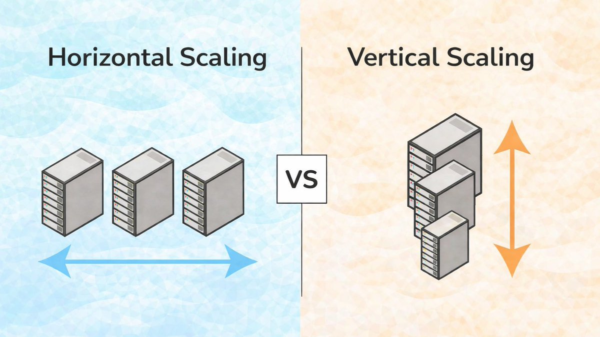1 server handles 100 users.
100 more users arrive. 
The system must scale.

Vertical scaling
Upgrade the same server with more RAM and CPU.

Horizontal scaling
Add another server.

Server 1 → 100 users
Server 2 → 100 users

Traffic gets shared. 
The system grows as users grow.