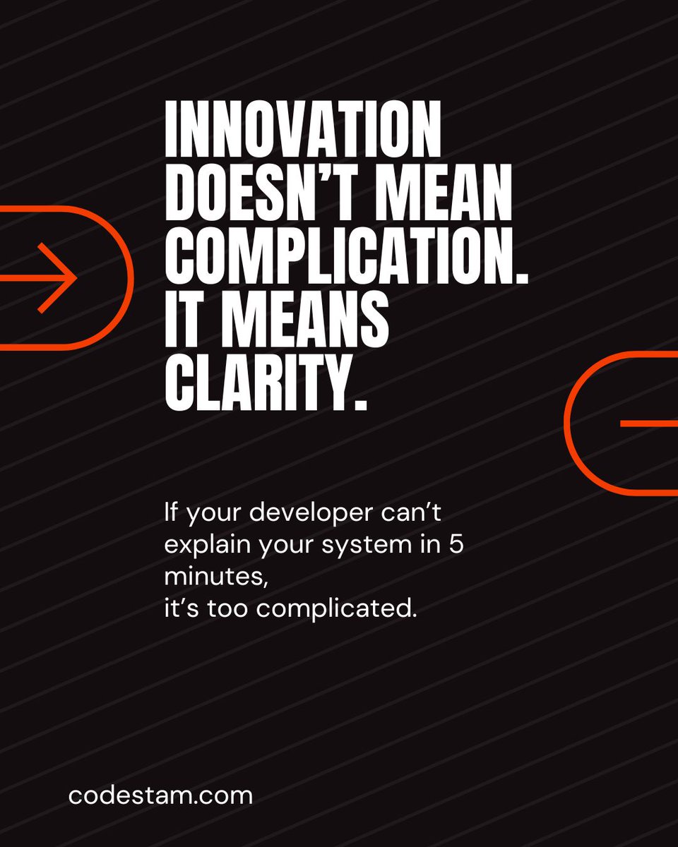 CodestamStore's tweet photo. Complex systems break.
Simple systems scale.

The best architecture?
Boring.

Clear backend.
Predictable APIs.
Clean UI.
Readable code.

Innovation isn’t complication.
It’s clarity.

If your developer can’t explain your system in 5 minutes…
It’s too complicated.

#Codestam https://t.co/RxxqDbSNK2