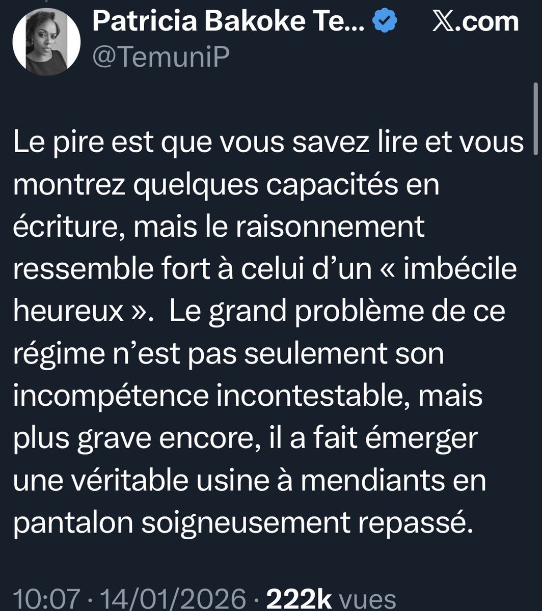 judaRdc's tweet photo. Le 14 janvier 2026 – le 14 février 2026.
Cela fait déjà un mois depuis que l’Émir de Salongo a subi le recadrage le plus kilométrique de X depuis son arrivée sur la plateforme en 2017.

Ce jour-là, l’« association des moqueurs de X », chapeautée par @pmgalance, a publié plus de 50 posts avec la photo de l’Émir de Salongo 😆😂