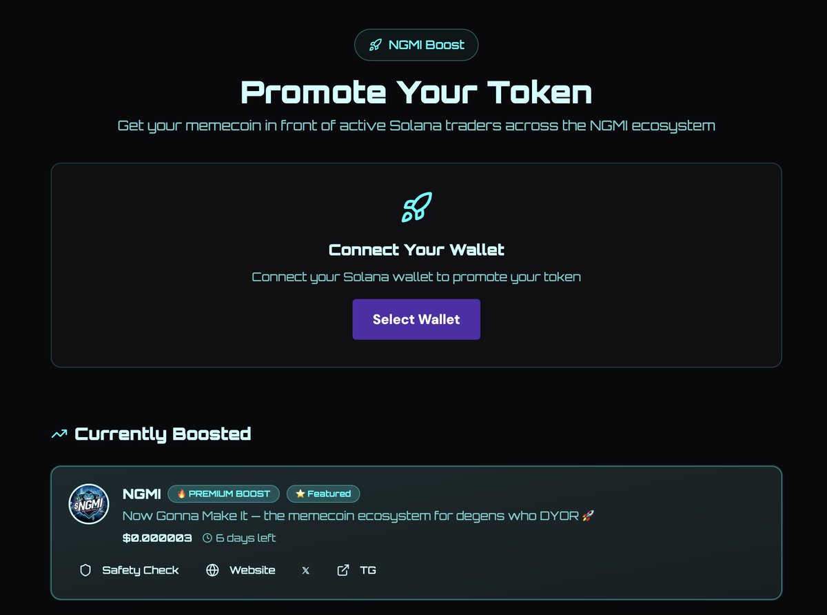$NGMI Boost | Promote Your Token

Get your memecoin in front of active Solana traders across the $NGMI ecosystem

ngmi.today/tools/promote 

#Solana #NGMI #memecoin