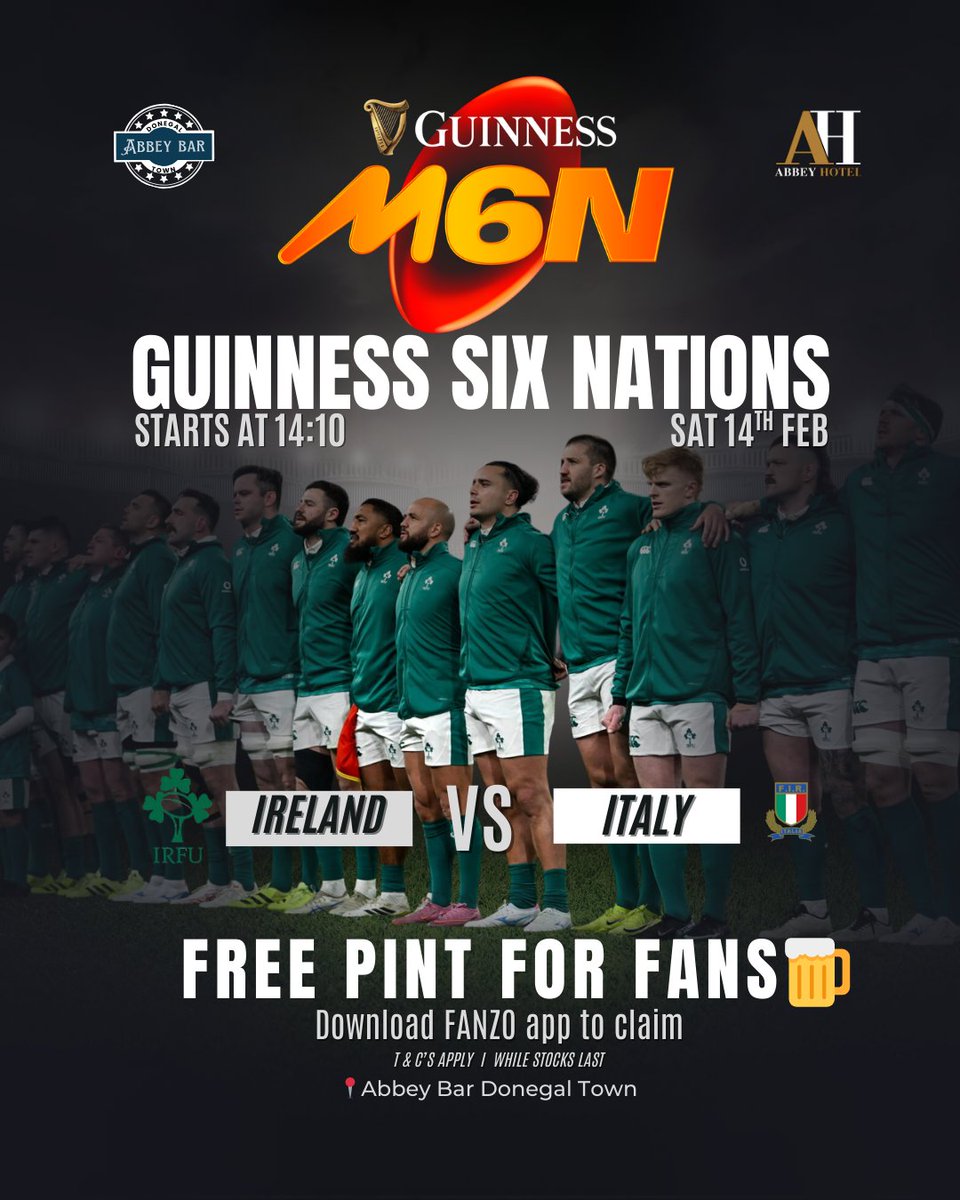 Guinness Six Nations today! 🏉☘️ Watch Ireland vs Italy at 2:10pm in Abbey Bar. Valentine's free pint with Fanzo app!😉💖 #GuinnessSixNations #AbbeyBarDonegal #ValentinesDay