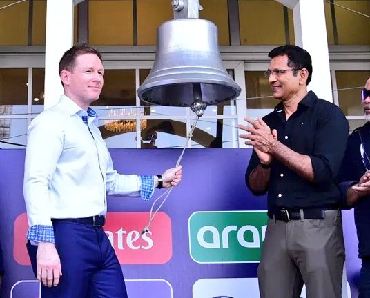 Former KKR captain Eoin Morgan rang the customary bell at the Eden Gardens today.