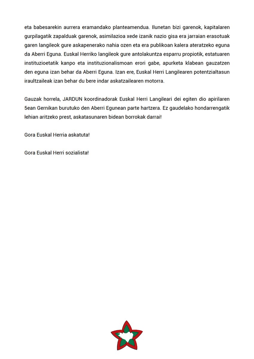 Gernikan prentsaurrekoa egin dugu hurrengo apirilaren 5ean burutuko den Aberri Egunera deituz.

📅 Apirilaren 5ean
⏰ 13:00etan
📍 Gernika, Merkuriotik

ASKATASUNAREN BIDEAN, BORROKAK DARRAI!