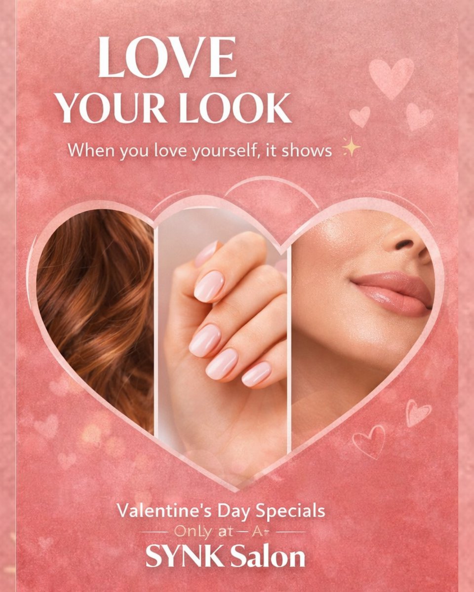 Love your look this Valentine’s 💘
Because when you love yourself, it shows — in your hair, your nails, and your glow. ✨

Treat yourself to our Valentine’s Day Specials at SYNK Salon 💅💆‍♀️💇‍♀️
Limited slots available — book now!

#LoveYourLook #ValentinesSpecials #ValentinesGlow