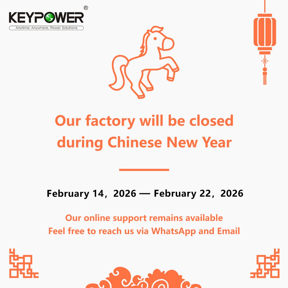 💥 Happy Year of the Horse! 💥 

We are currently away for the holiday. Online support remains available via email &amp; WhatsApp. But please note that response times may be longer than usual during this period. We appreciate your patience! 😘 

Wishing you a prosperous year ahead!