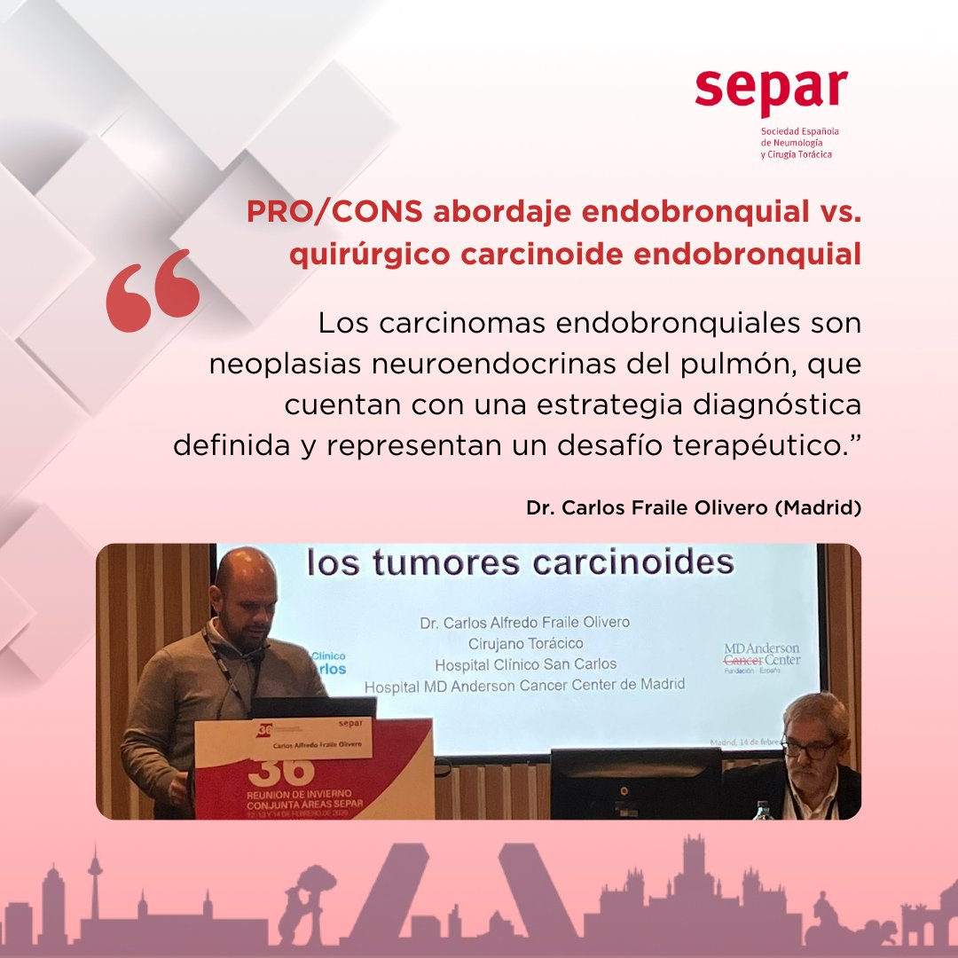 SeparRespira's tweet photo. Las Áreas de @SeparCirugia y #OncologíaToracica se unen para analizar los pros y contras del abordaje endobronquial versus quirúrgico en el manejo del carcinoide endobronquial.
#36RI #SEPAR #SaludRespiratoria https://t.co/jz2B5PCel6