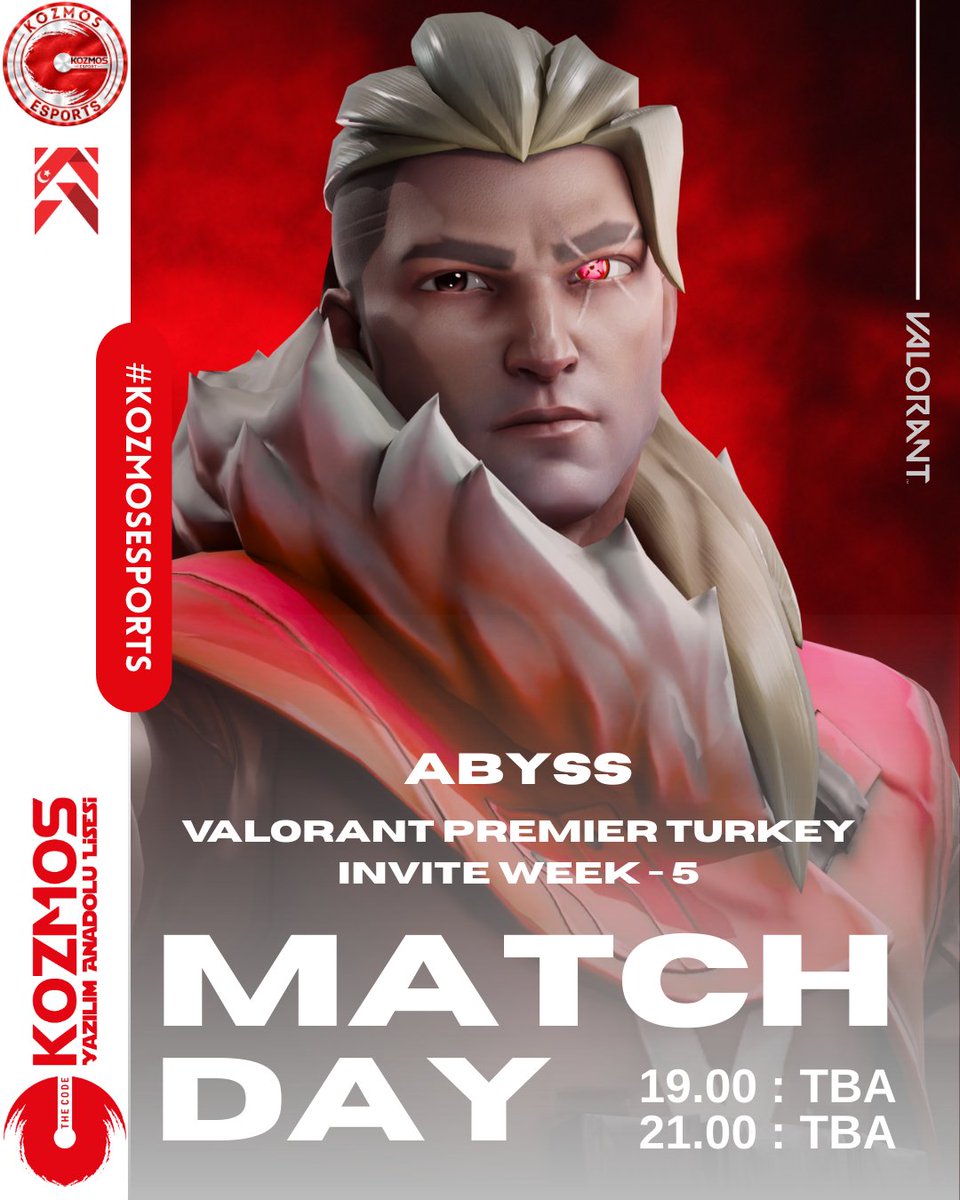 🇹🇷 VALORANT Premier Türkiye Invite 5.Hafta müsabakalarına çıkıyoruz.

🆚 TBA
⏰ 19.00
⏰ 21.00
📺 Yayın bulunmamaktadır.

💪 Başarılar TAKIM!

#kozmosesports #kozmoslisesi #letsgokozmos #kze