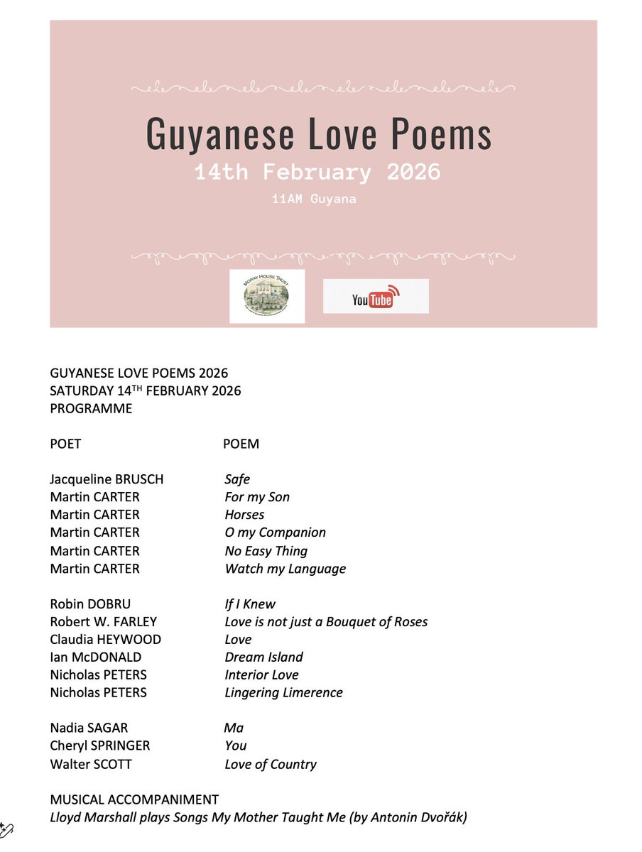 MorayHouseTrust's tweet photo. Happy Valentine's Day. Here is the link to our annual poetry recital, Guyanese Love Poems. It will be on air from 11 AM (Guyana). The recital lasts about 20 minutes. 
https://t.co/boiiAjXxtR https://t.co/LIRlMOCinL
