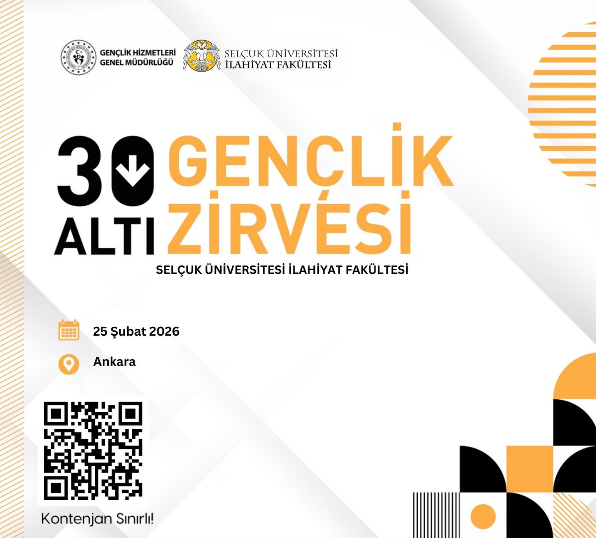 İlahiyat Fakültesi öğrencileri 30 Altı Gençlik Zirvesi'nde Buluşuyor..
Müracaat için görseldeki karekodu okutabilir veya linke tıklayabilirsiniz.
forms.gle/smz3PFt8gw7RR1…