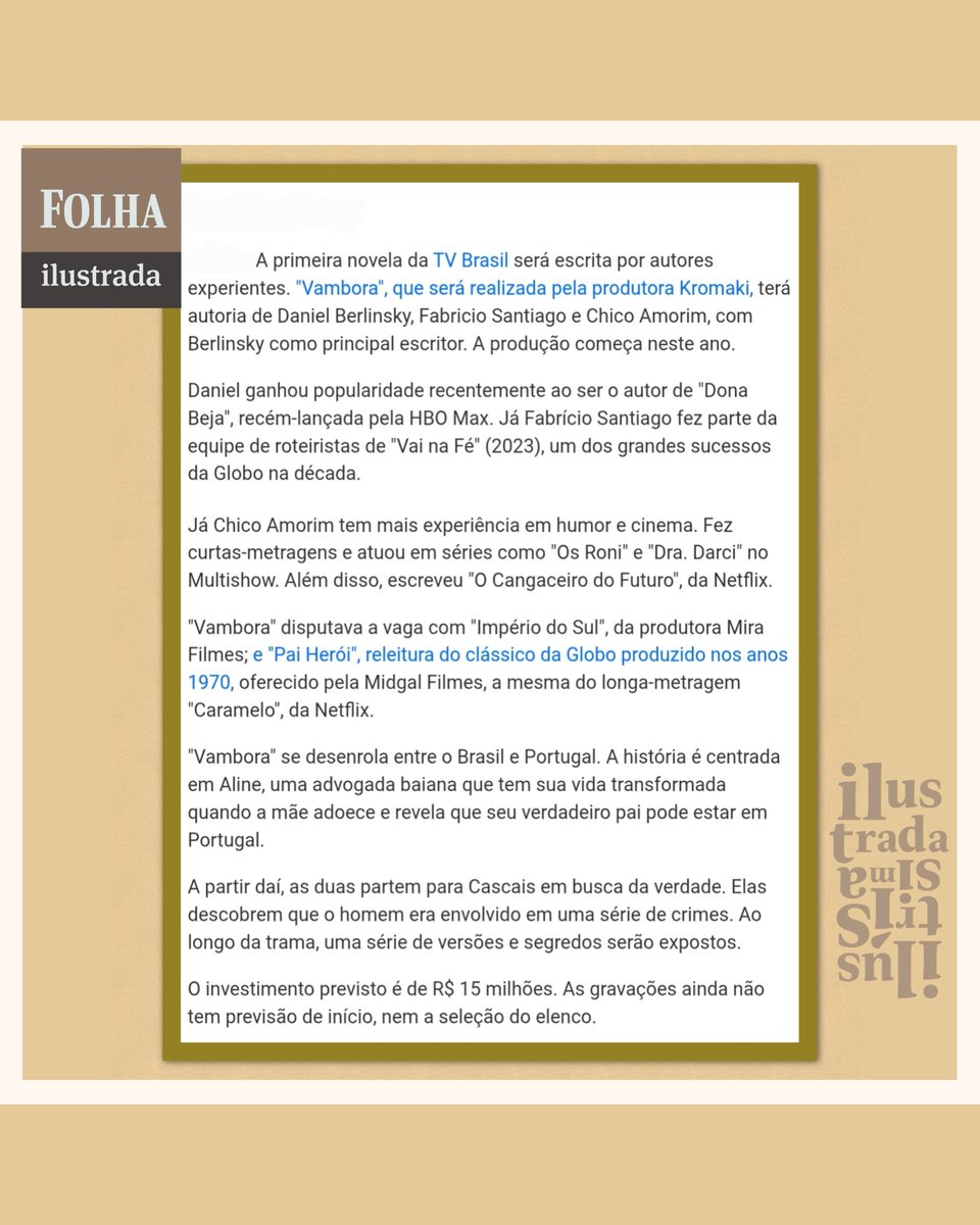 dia_tiago's tweet photo. #Vambora, a primeira novela da TV Brasil, será escrita por Daniel Berlinsky, Fabrício Santiago e Chico Amorim e realizada pela produtora Kromaki.
Ainda não há informações sobre escalação de elenco.
📰 Folha
https://t.co/907JQ2SQq4 https://t.co/FeUsRp86MT