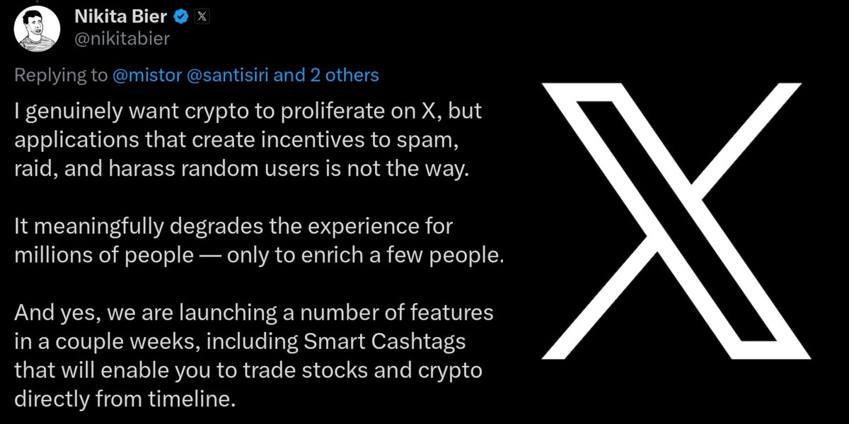 raxiq_884's tweet photo. As a crypto guy, this got me hyped! 

X Head of Product @nikitabier says Smart Cashtags drop soon – trade stocks + crypto right in your feed/timeline. Goodbye clunky exchanges for quick moves? 😎

Can't wait! Who's ready? 

#CryptoOnX #SmartCashtags #Binance https://t.co/32CS7HgLNj