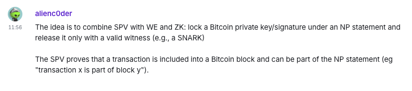 Alienc0der’s latest explanation takes the back-and-forth with TminusZ(<a href="/NoMdevelopment/">TminusZ</a>) a step further, presenting a Hybrid Model.

This statement effectively ends the "SPV vs. Witness Encryption" debate by asking, "Why not combine both?" and describing the Holy Grail of bridging