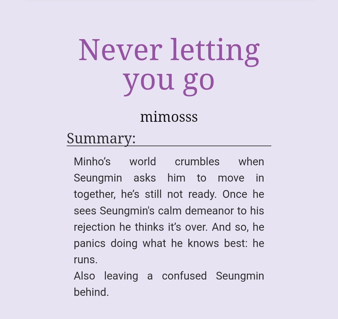 Never letting you go

 ¬ 🐶🐰
 ¬ rated G
 ¬ 5k
 ¬ established 2mn, misunderstandings, idiots in love

🔗 archiveofourown.org/works/79459416