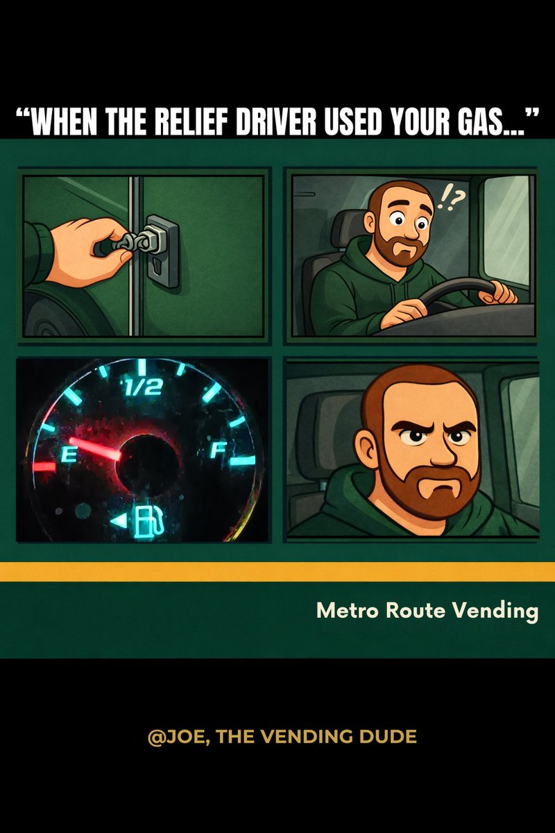 VendingCartoons's tweet image. Every route driver has felt this moment…

You load the truck.
You’re ready to roll.
And then… the gas gauge reminds you somebody else had a long day too 😑

#VendingRouteCartoons #MetroRouteVending #RouteLife #VendingLife #RouteDriver