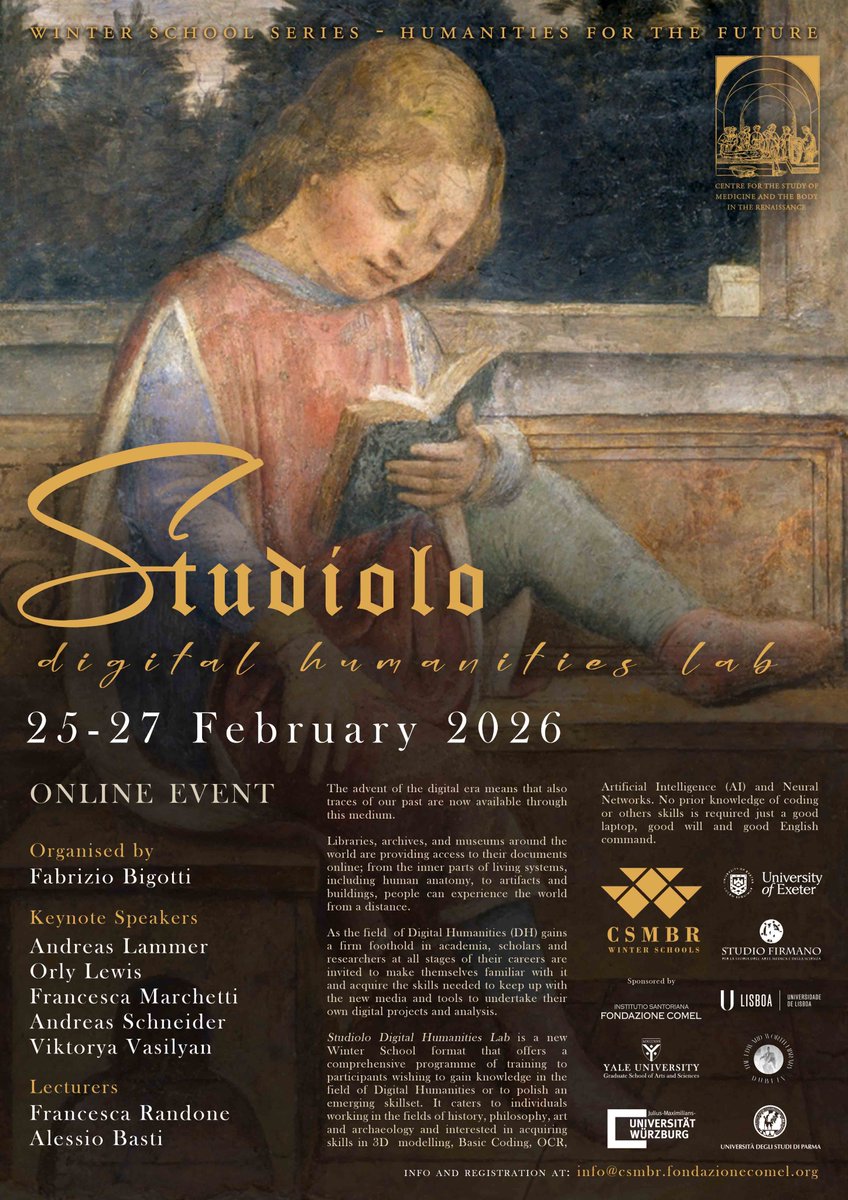 csmbr_pisa's tweet photo. Winter School 2026

𝐒𝐓𝐔𝐃𝐈𝐎𝐋𝐎: 𝐃𝐈𝐆𝐈𝐓𝐀𝐋 𝐇𝐔𝐌𝐀𝐍𝐈𝐓𝐈𝐄𝐒 𝐋𝐀𝐁
Only 8 Days Left to Register!
Deadline: 𝟐𝟐 𝐅𝐞𝐛𝐫𝐮𝐚𝐫𝐲 𝟐𝟎𝟐𝟔

Take a look: https://t.co/f0fVFytGbL

Check the Programme: https://t.co/ANcfCNoMYu...

#CSMBR #Studiolo #DigitalHumanities https://t.co/9jwsTBQ0EF