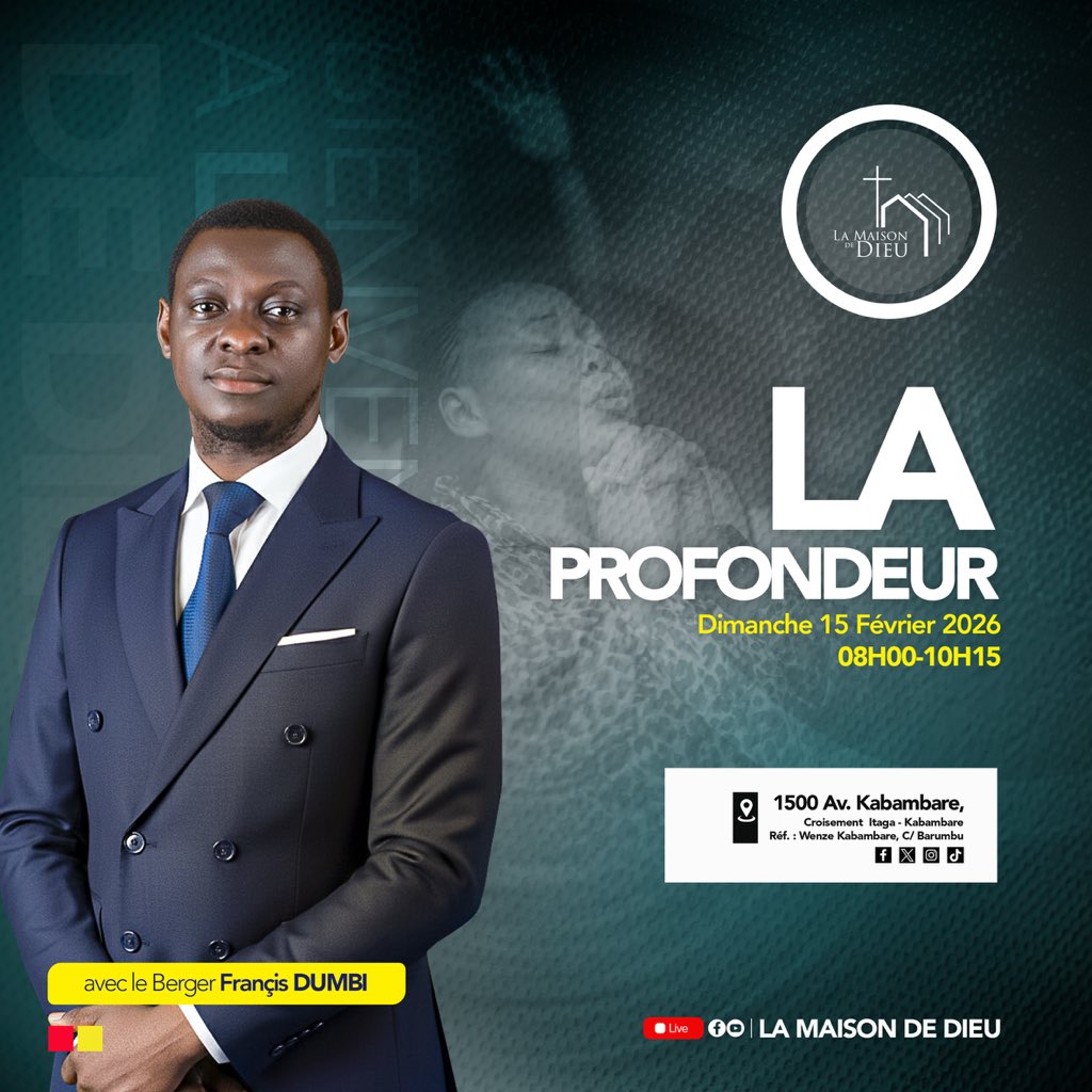 egliselmd's tweet photo. 😍INVITATION À PARTICIPER😍

LMD | Culte Dominical 
La Profondeur

> 🎙️: Berger Françis DUMBI
> ⏰08H00-10H15

L’invité invite … venez avec les enfants il y’a de la place pour eux à l’Ecodim 😁

⛪️ : 1500 avenue Kabambare
Réf. (wenze ya Kabambare)
KINSHASA-BARUMBU

#Eglisecmp #Egliselmd #LaMaisondeDieu #LMD #Dieudejacob #FrancisNdokay