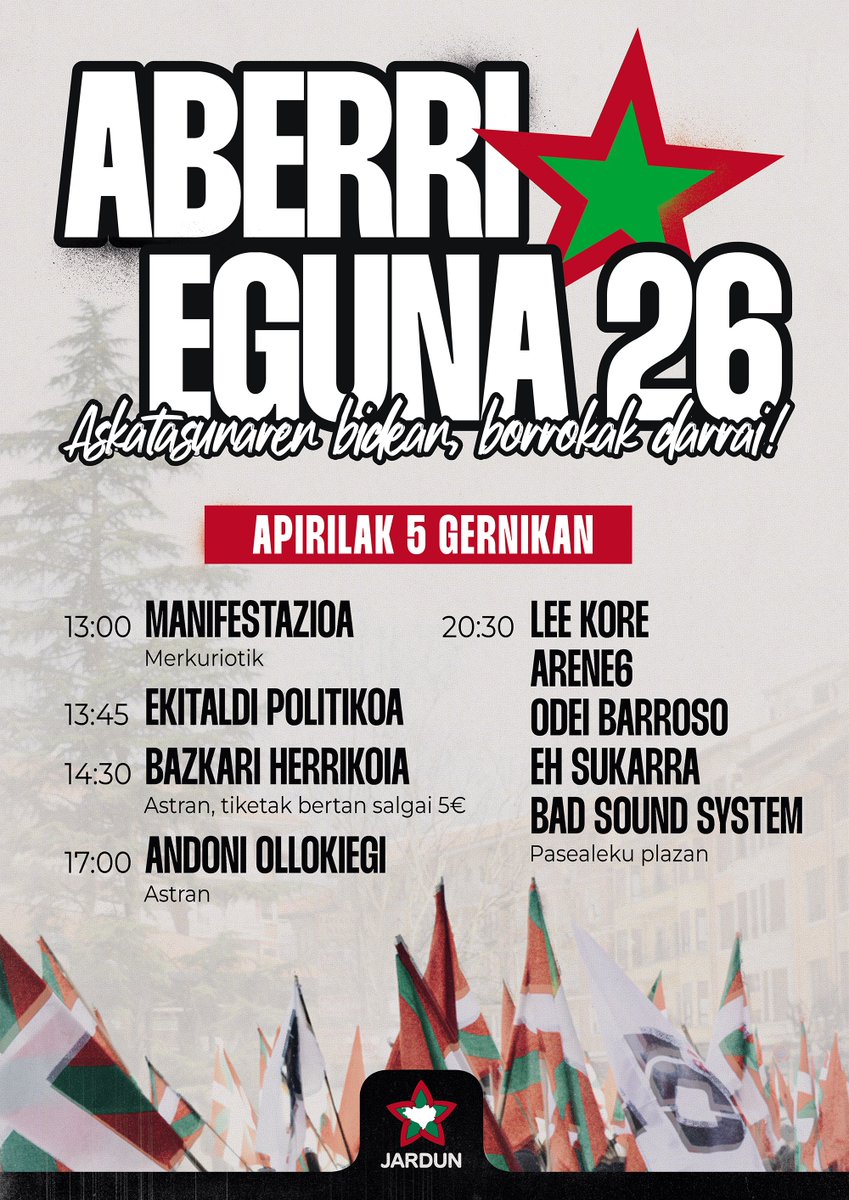 JardunK's tweet image. jardunkoordinadora.eus/agiriak/askata…

2026ko Aberri Egunaren egitaraua eta kartela.

EUSKAL HERRI LANGILEA  apirilaren 5ean GERNIKARA!

Askatasunaren bidean, borrokak darrai!